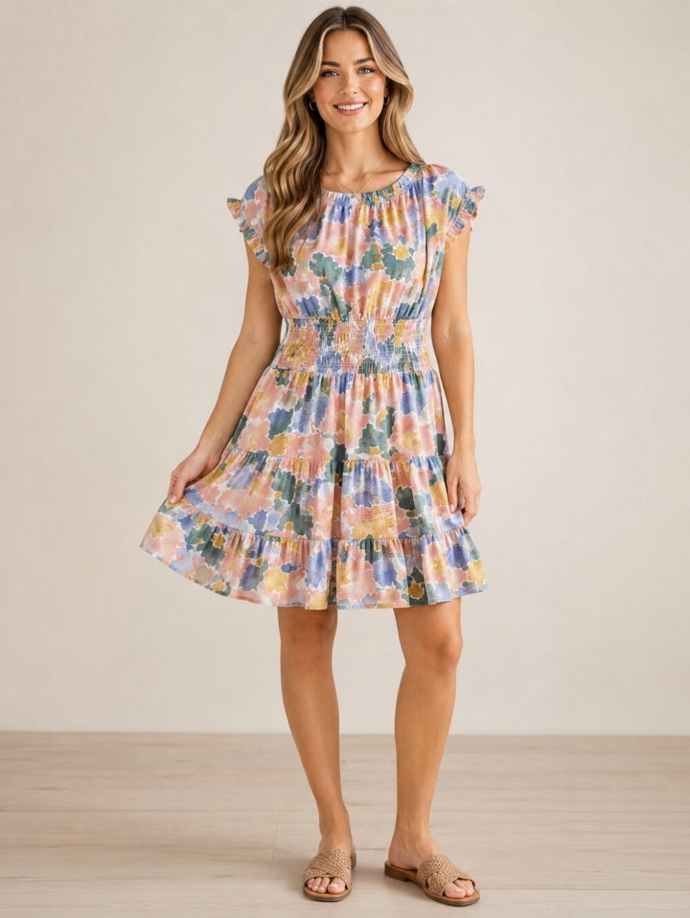 ODDI Pastel Watercolor Floral Smocked Tiered Dress Large A-299